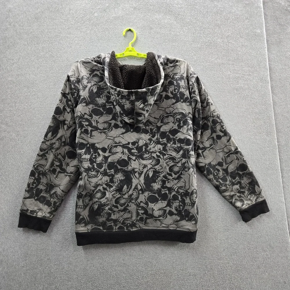 Skull Men Hoodie 2XL Gray Sherpa Lined Y2K Grunge Skate Hip Hop Full Zip
